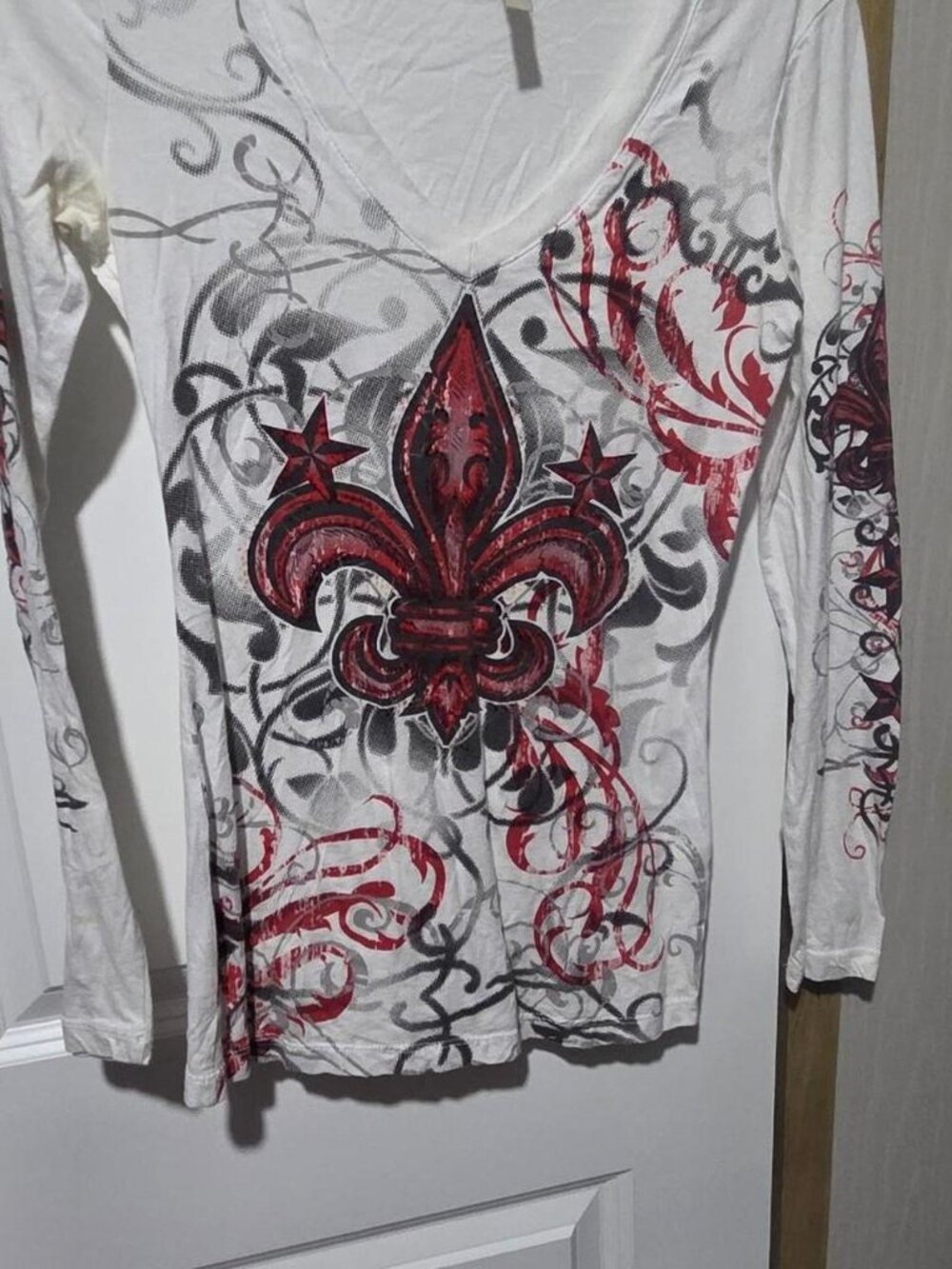 white & red long sleeve top with a unique design #goth #emo